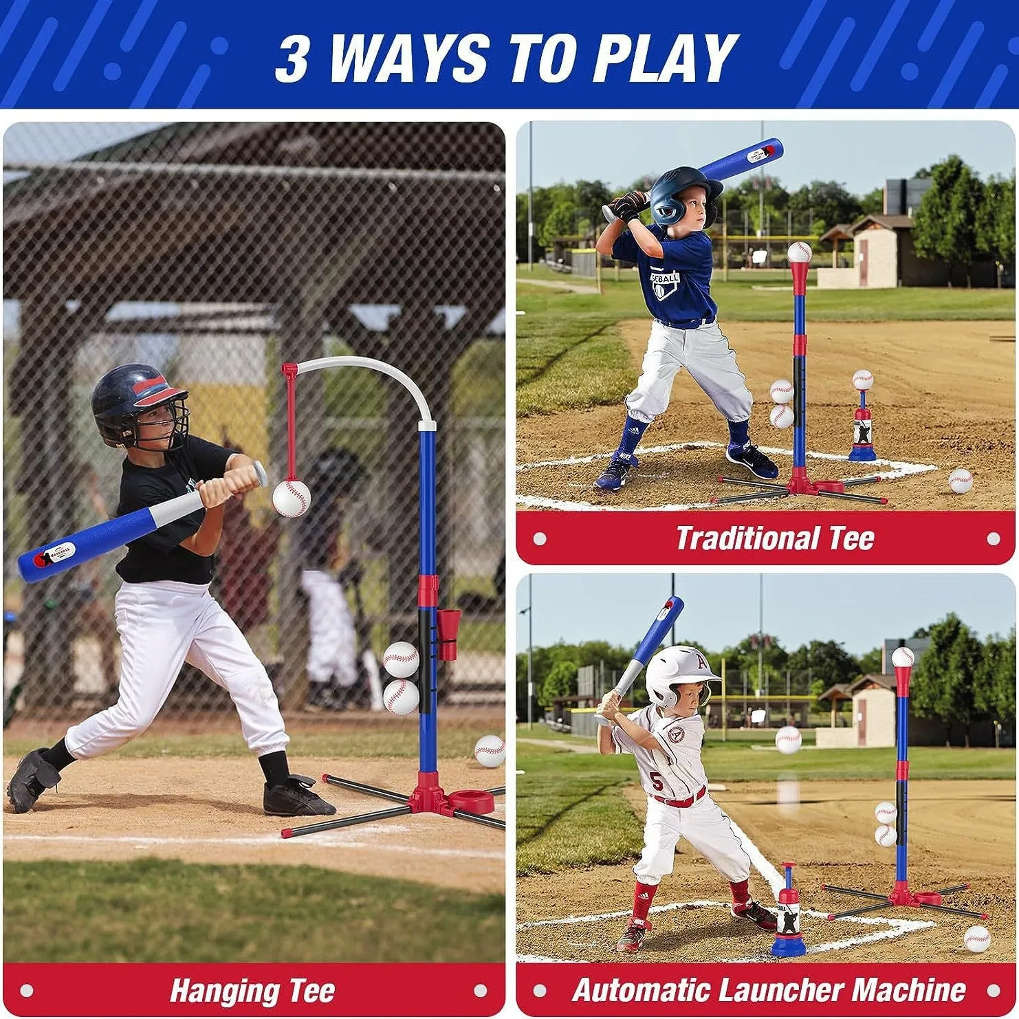 Hanging standing automatic serve adjustable children's baseball toy for teenagers blue red PP material