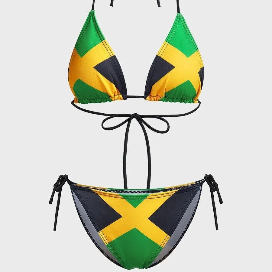 Green slim fit tied women's printed bikini set with sleeveless top and tie-side bottoms on a plain background