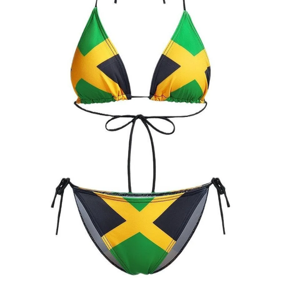 Green slim fit tied women's printed bikini set with sleeveless top and tie-side bottoms on a plain background