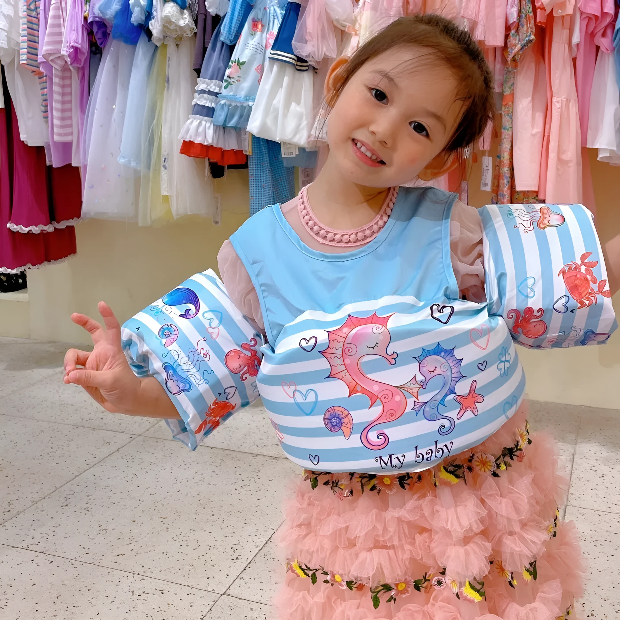 Cartoon children's arm swimming ring in polyester with lengthened design for swimming stability