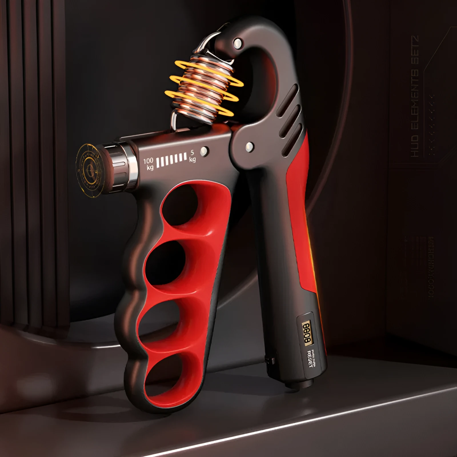 Adjustable electronic count spring grip with orange digital repetition display