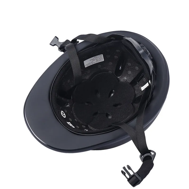Black adjustable equestrian helmet for head protection in riding and cycling