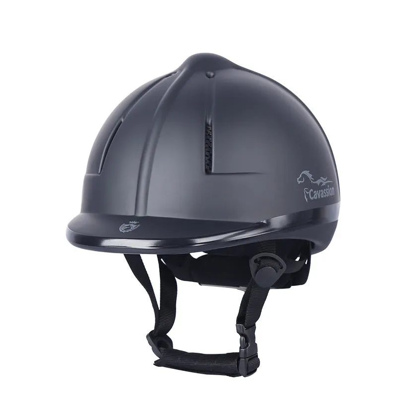 Black adjustable equestrian helmet for head protection in riding and cycling