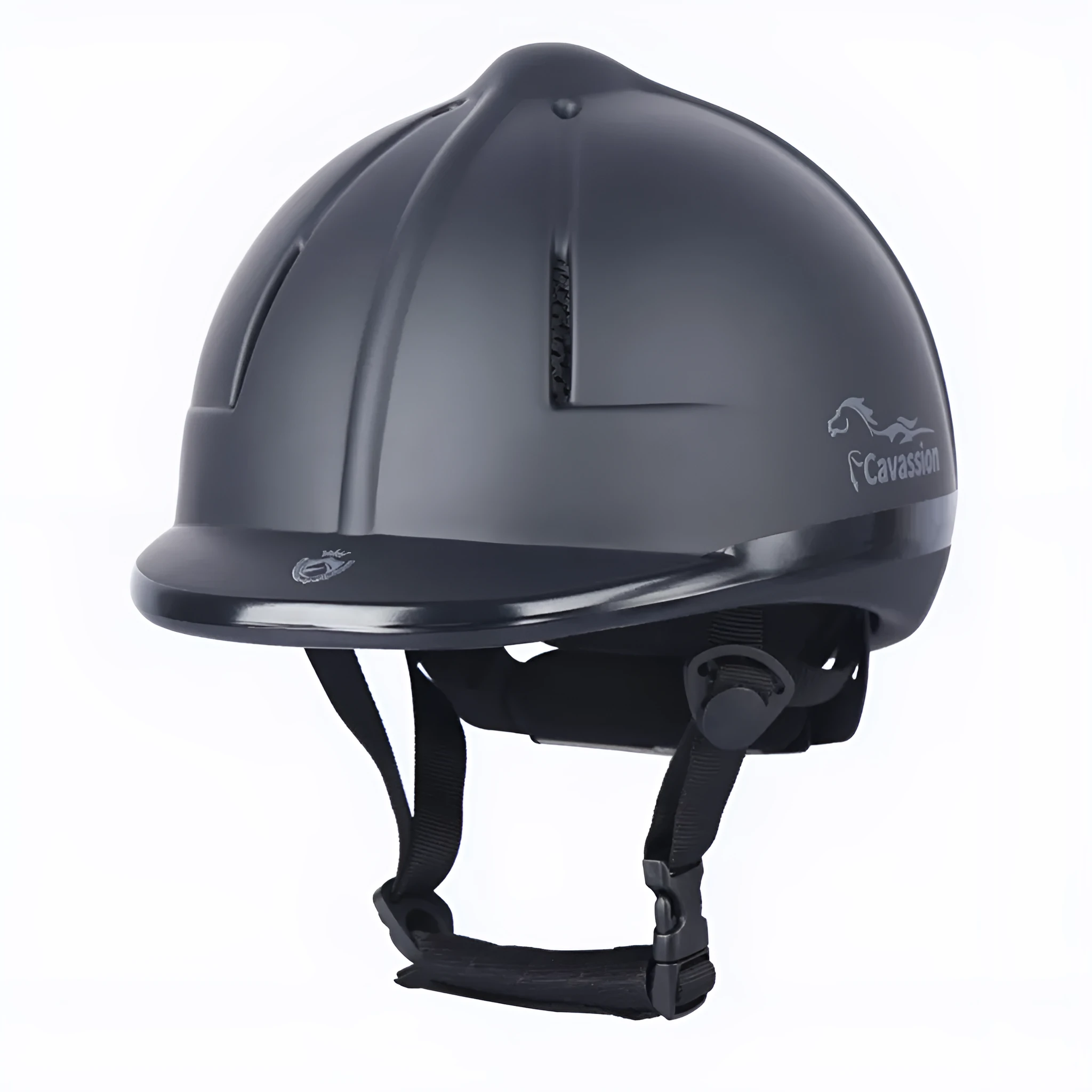 Black adjustable equestrian helmet for head protection in riding and cycling