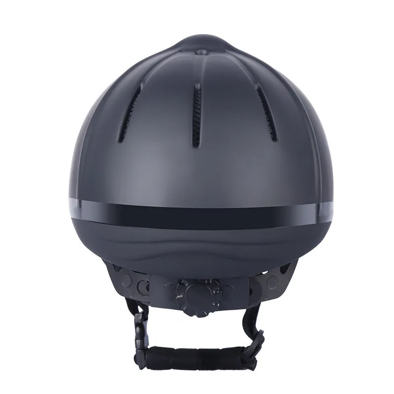 Black adjustable equestrian helmet for head protection in riding and cycling
