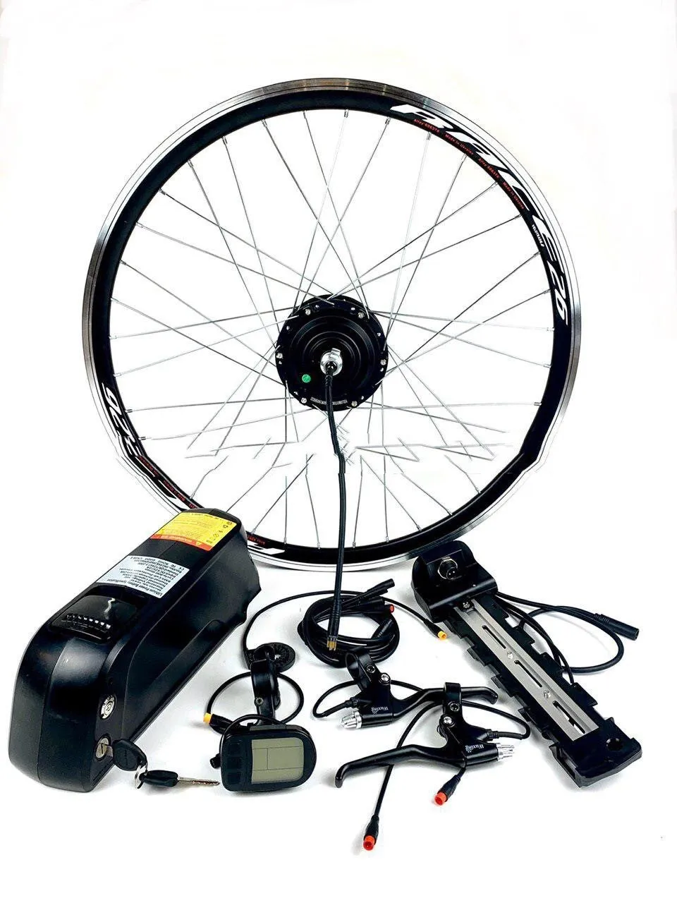 Lithium electric bicycle conversion kit with 36V 250W motor, controller, handlebar, and brake lever in black