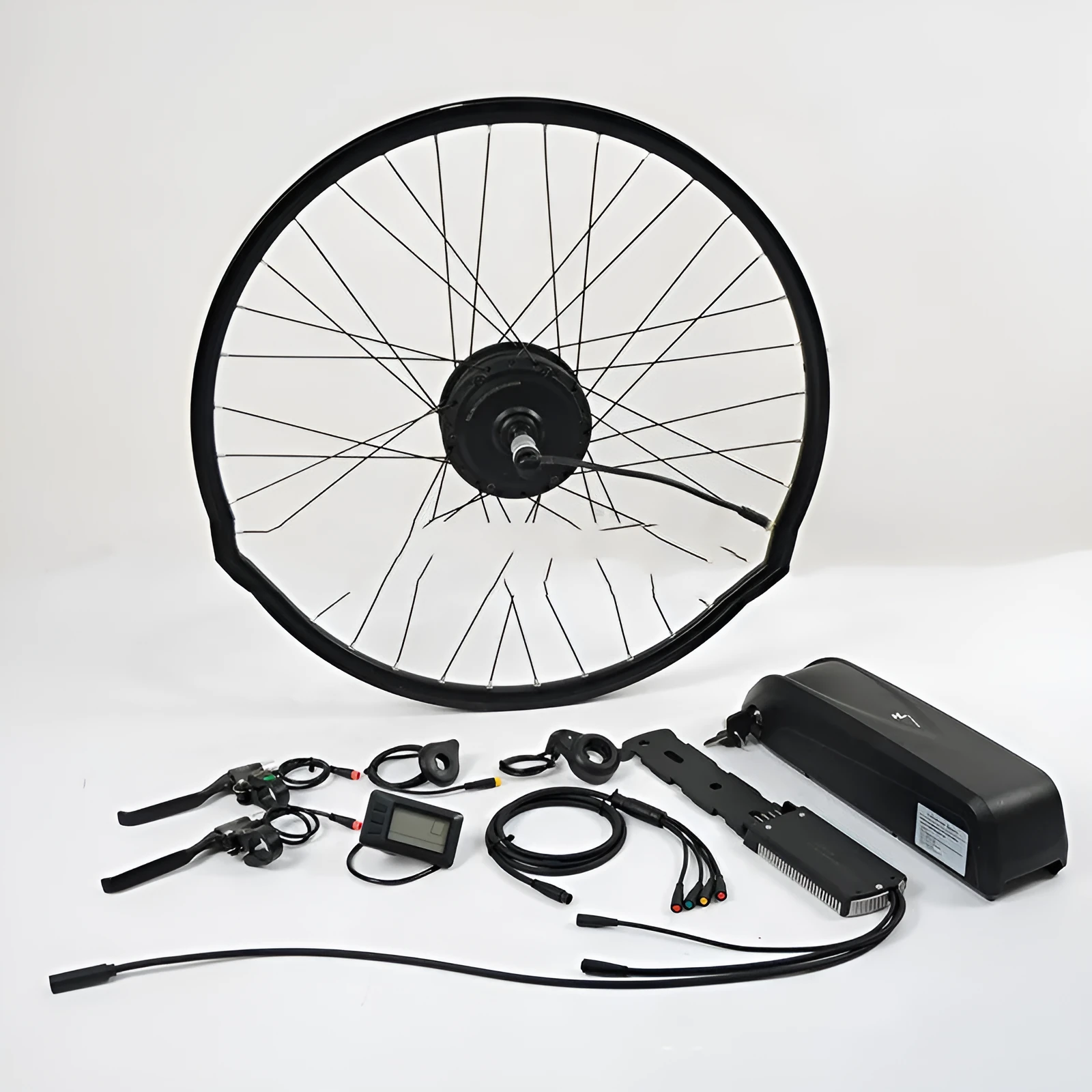 Lithium electric bicycle conversion kit with 36V 250W motor, controller, handlebar, and brake lever in black