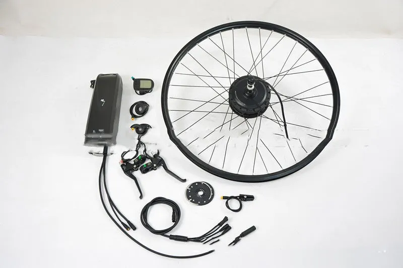 Lithium electric bicycle conversion kit with 36V 250W motor, controller, handlebar, and brake lever in black