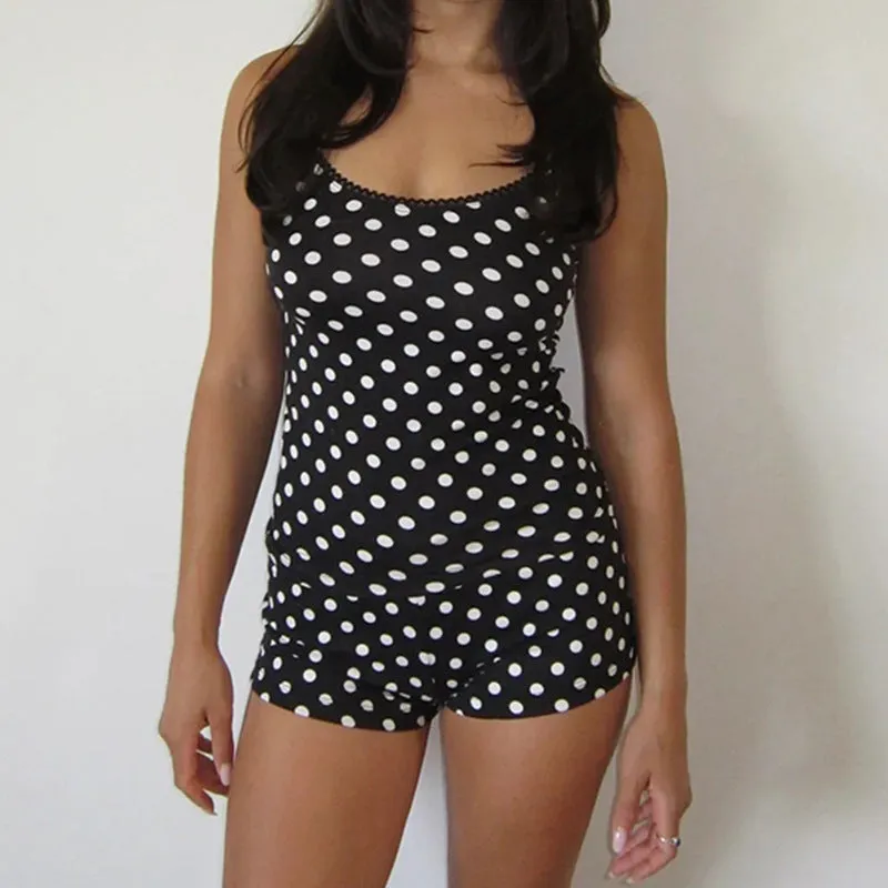 Polka dot suspender shorts suit for women black contrast colour sleeveless top and shorts polyester milk silk fabric size S M L