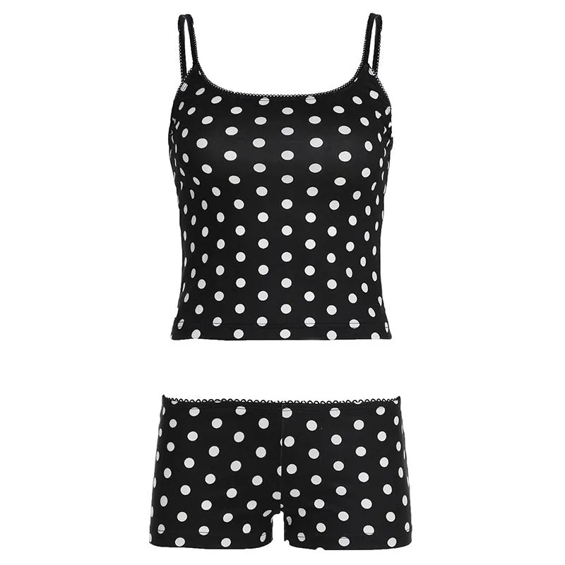Polka dot suspender shorts suit for women black contrast colour sleeveless top and shorts polyester milk silk fabric size S M L