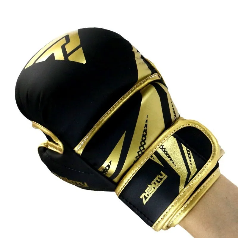 Black and red PU leather boxing gloves with thickened liner on a training mat