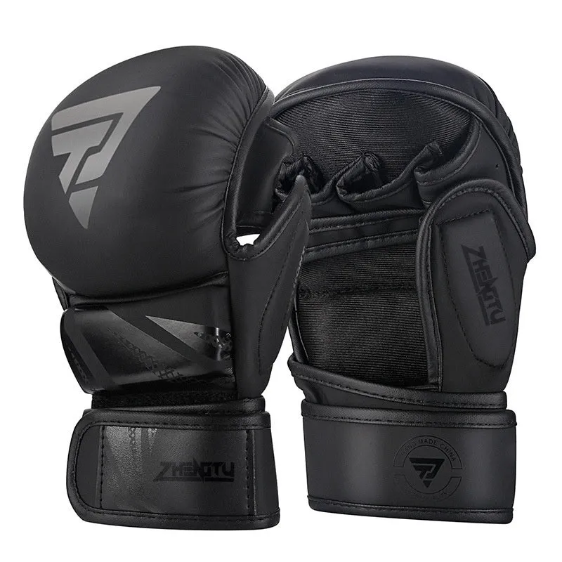 Black and red PU leather boxing gloves with thickened liner on a training mat