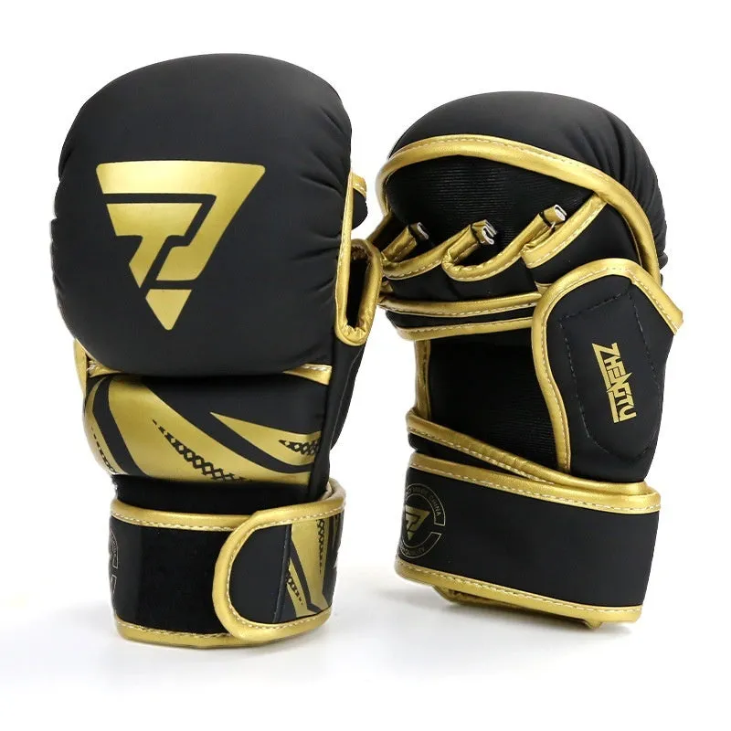 Black and red PU leather boxing gloves with thickened liner on a training mat