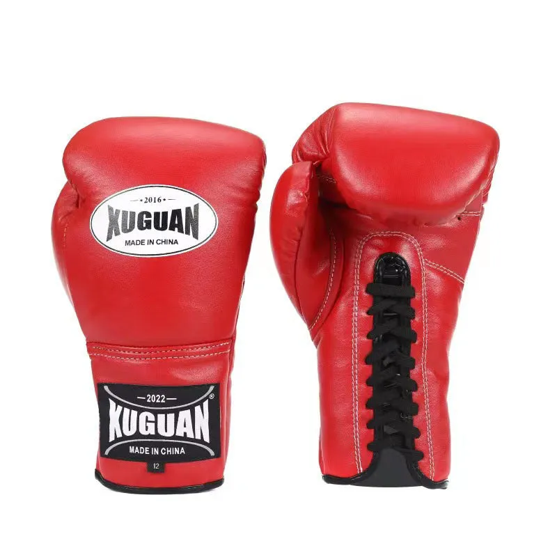 Pair of sandbag boxing gloves for Muay Thai training in red string colour, 10oz size