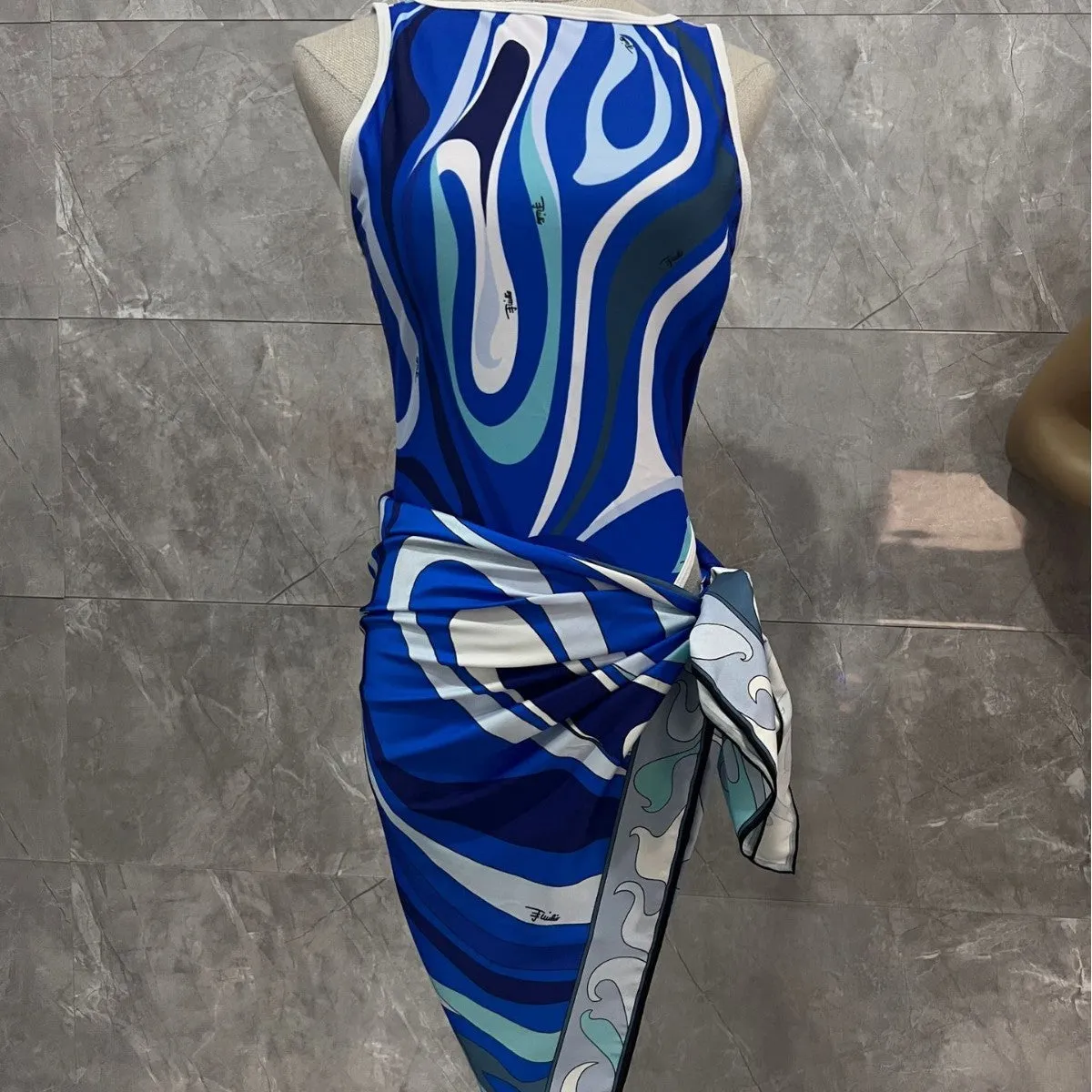 Women's striped polyester conjoined square scarf bikini swimsuit in blue and pink