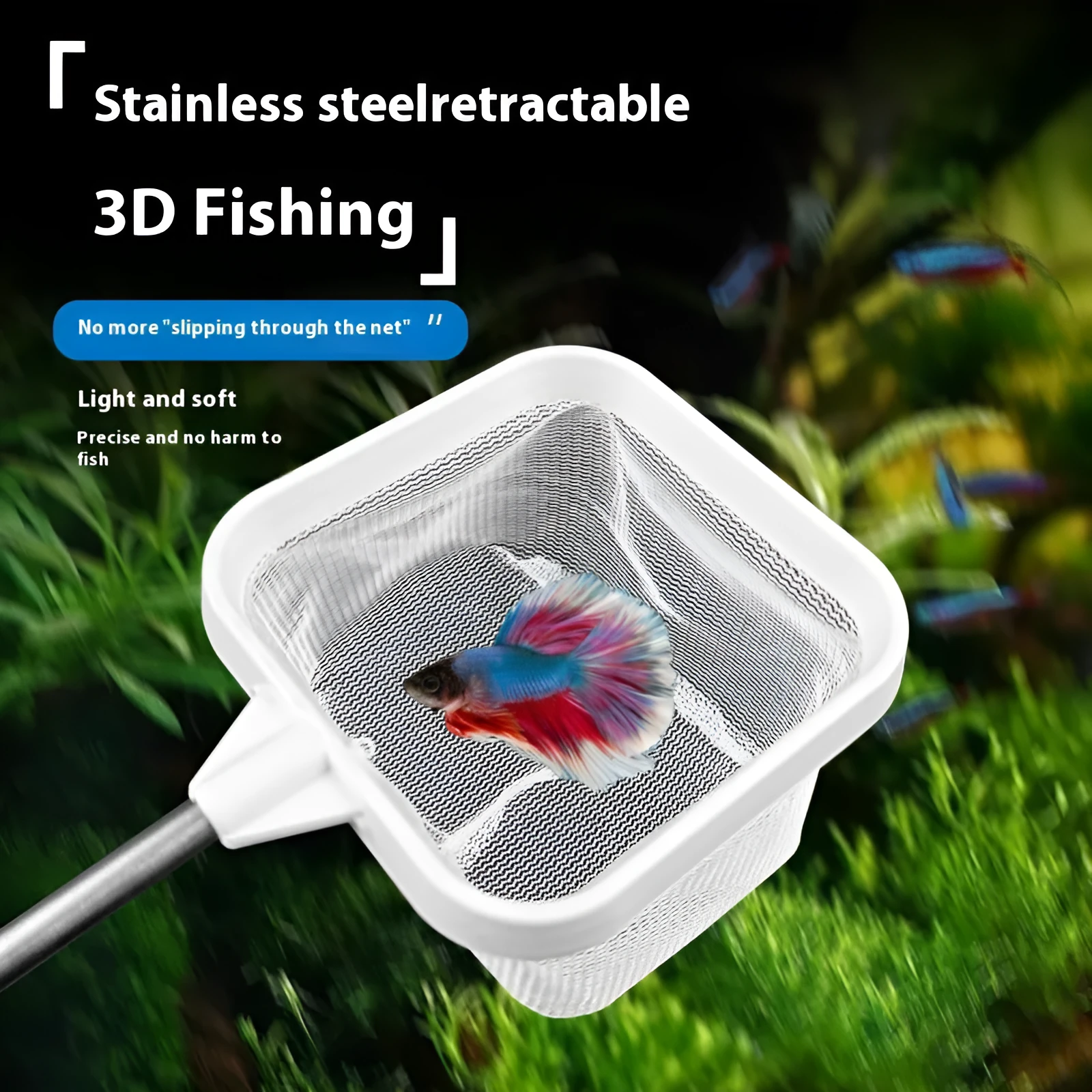 Stainless steel retractable fishnet with stereo net head for aquarium use, black colour option