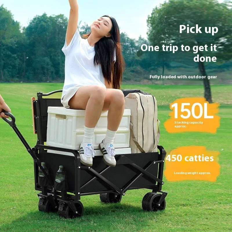 Black metal camping trolley with 8-inch off-road wheels and brakes, 400kg load capacity, on outdoor ground.