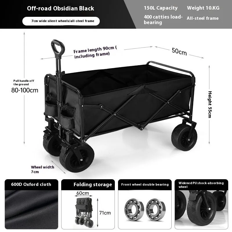 Black metal camping trolley with 8-inch off-road wheels and brakes, 400kg load capacity, on outdoor ground.