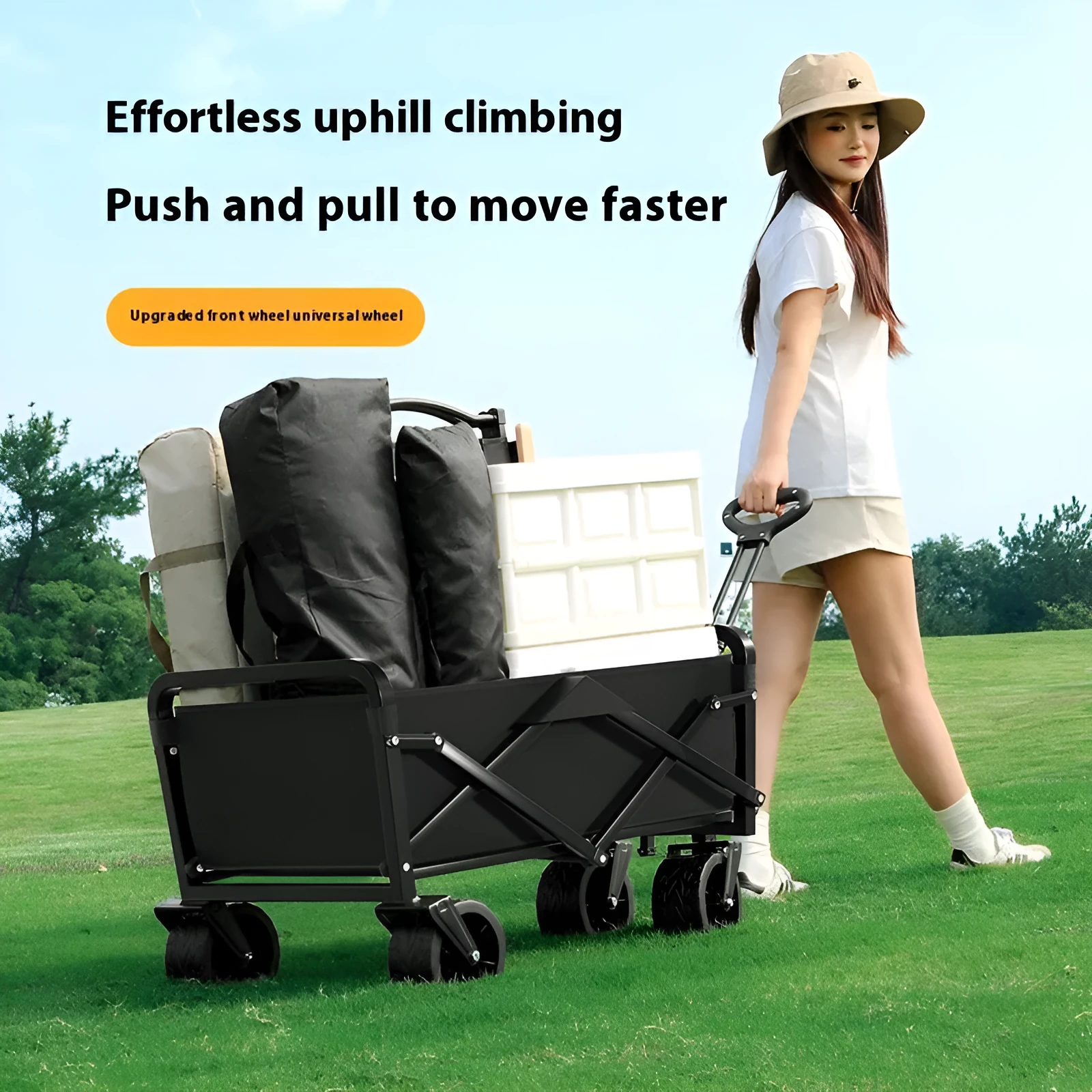 Black metal camping trolley with 8-inch off-road wheels and brakes, 400kg load capacity, on outdoor ground.