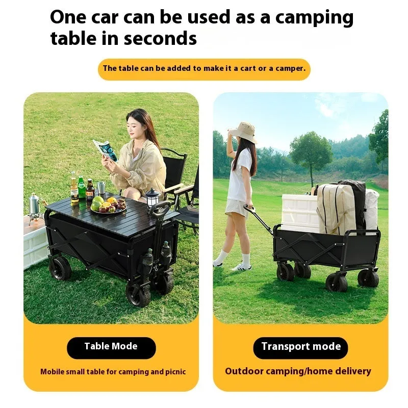 Black metal camping trolley with 8-inch off-road wheels and brakes, 400kg load capacity, on outdoor ground.
