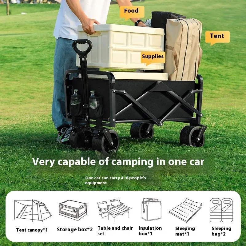 Black metal camping trolley with 8-inch off-road wheels and brakes, 400kg load capacity, on outdoor ground.