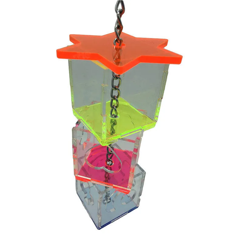 Clear acrylic bird foraging toy tube, 32 cm long, for hiding treats for parrots.