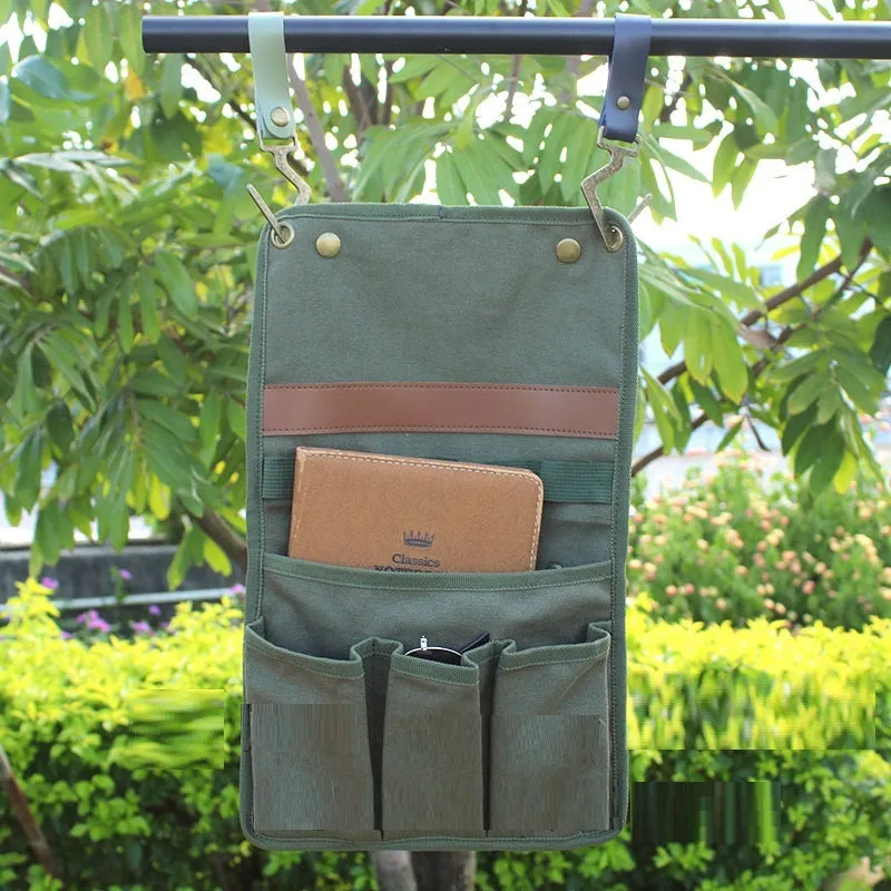 Canvas multifunctional storage bag for outdoor camping, side hanging, armrest design, available in black