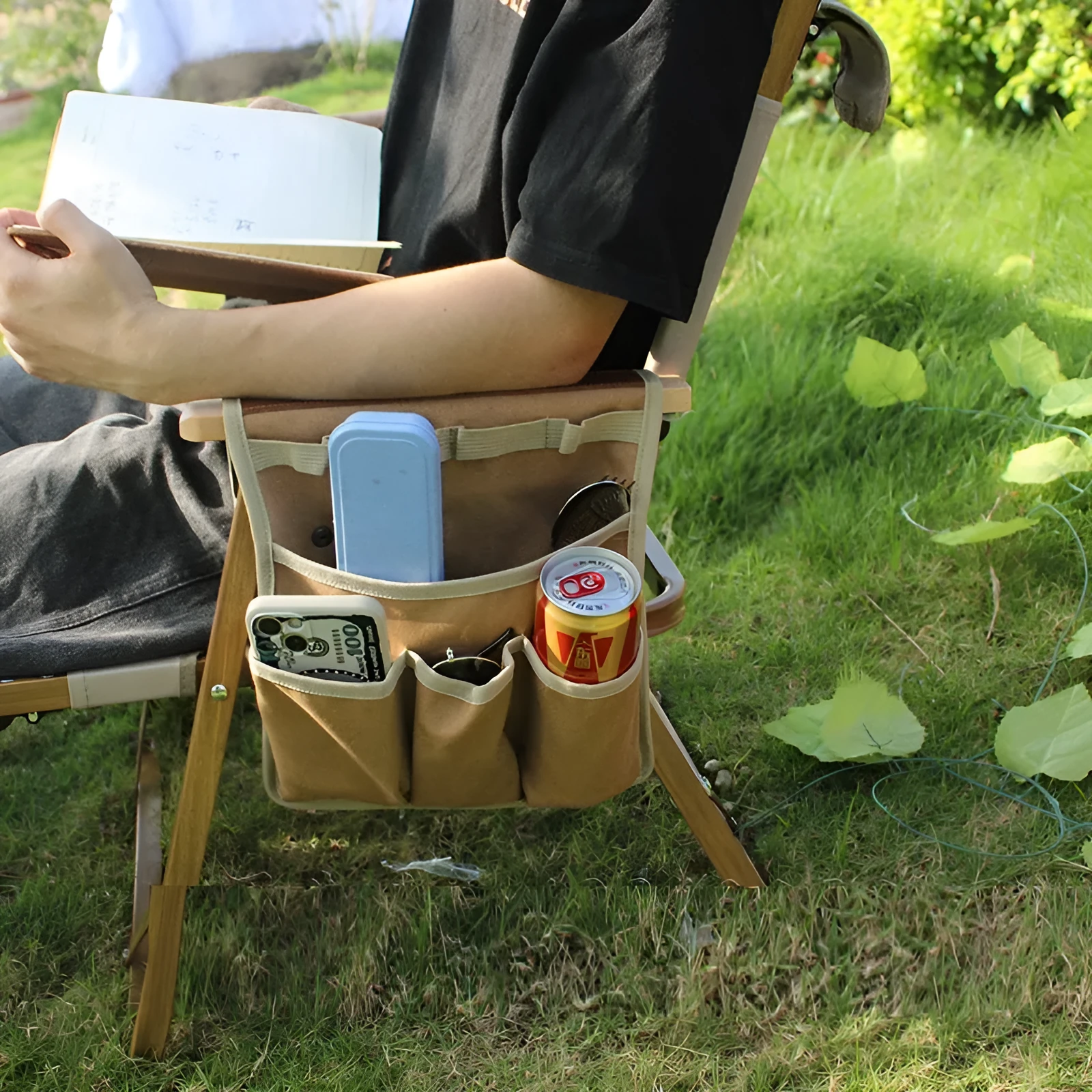 Canvas multifunctional storage bag for outdoor camping, side hanging, armrest design, available in black