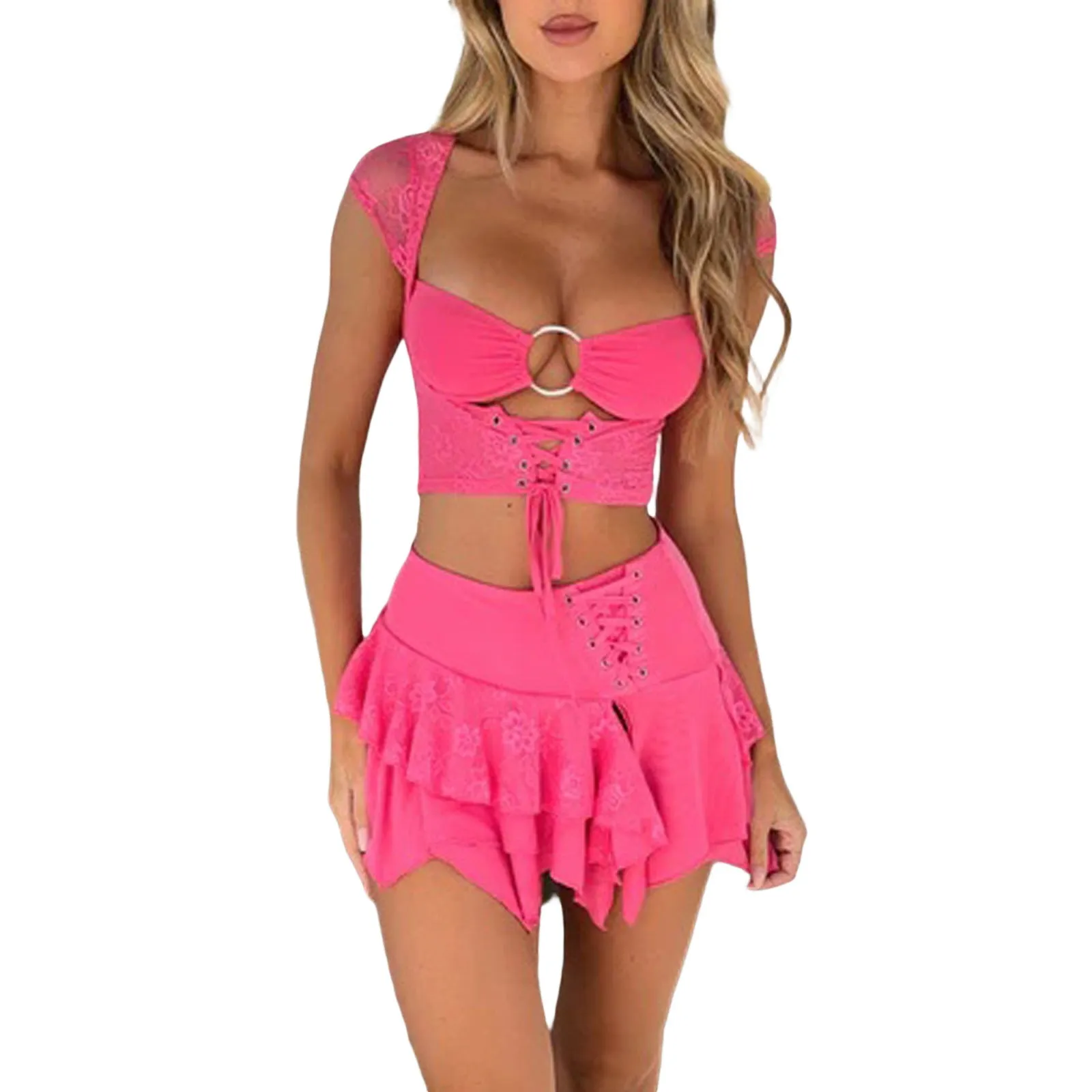 Rose red U-shaped V iron bikini set for women, polyester fabric, solid colour, briefs bottom