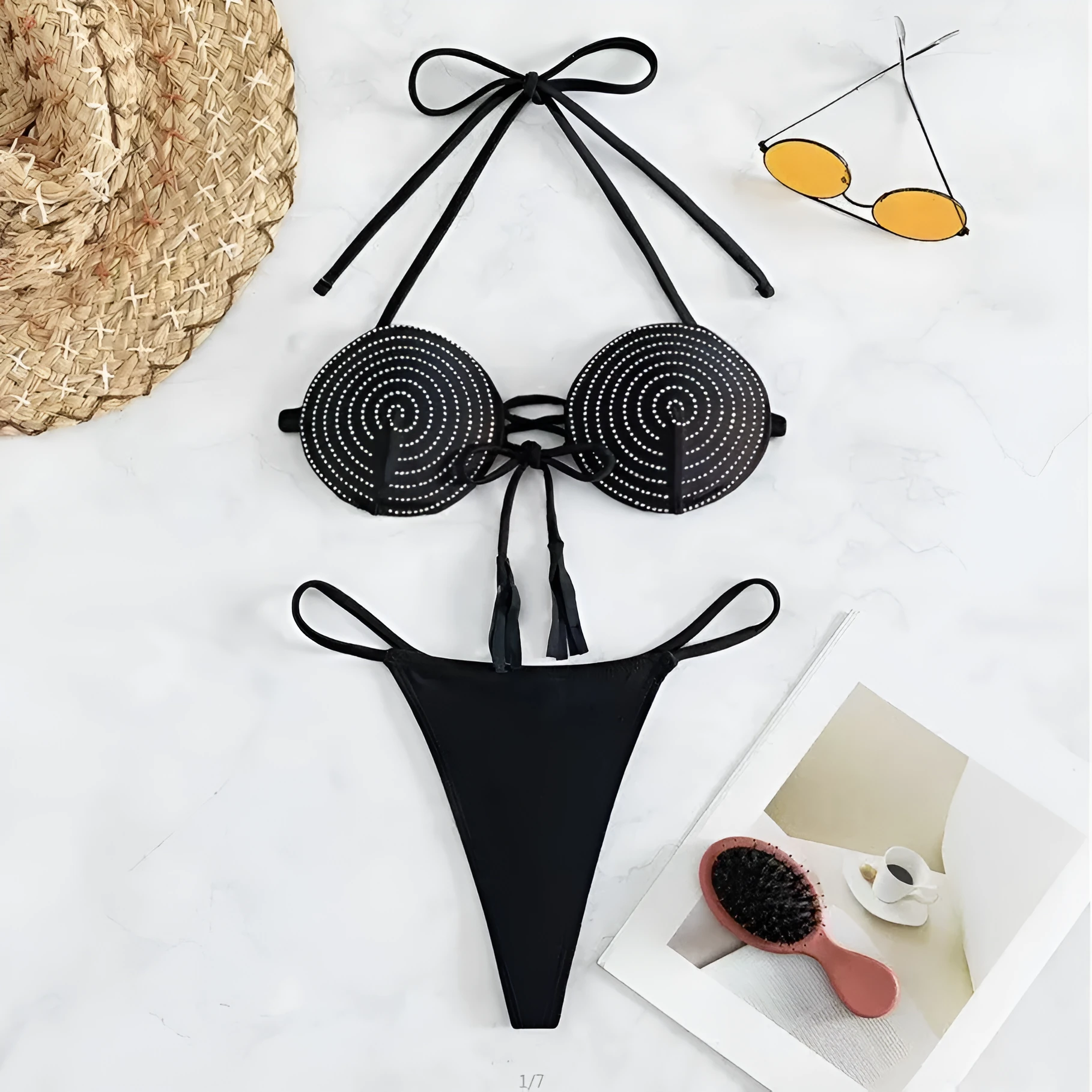 Black bandage bikini set with backless top and high-waist brief with hot drilling detail