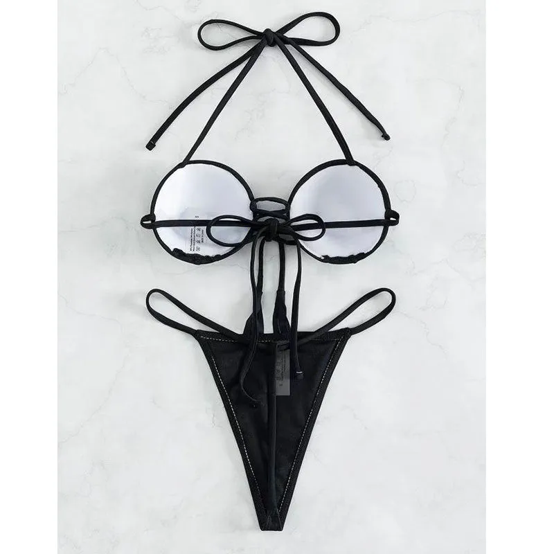Black bandage bikini set with backless top and high-waist brief with hot drilling detail