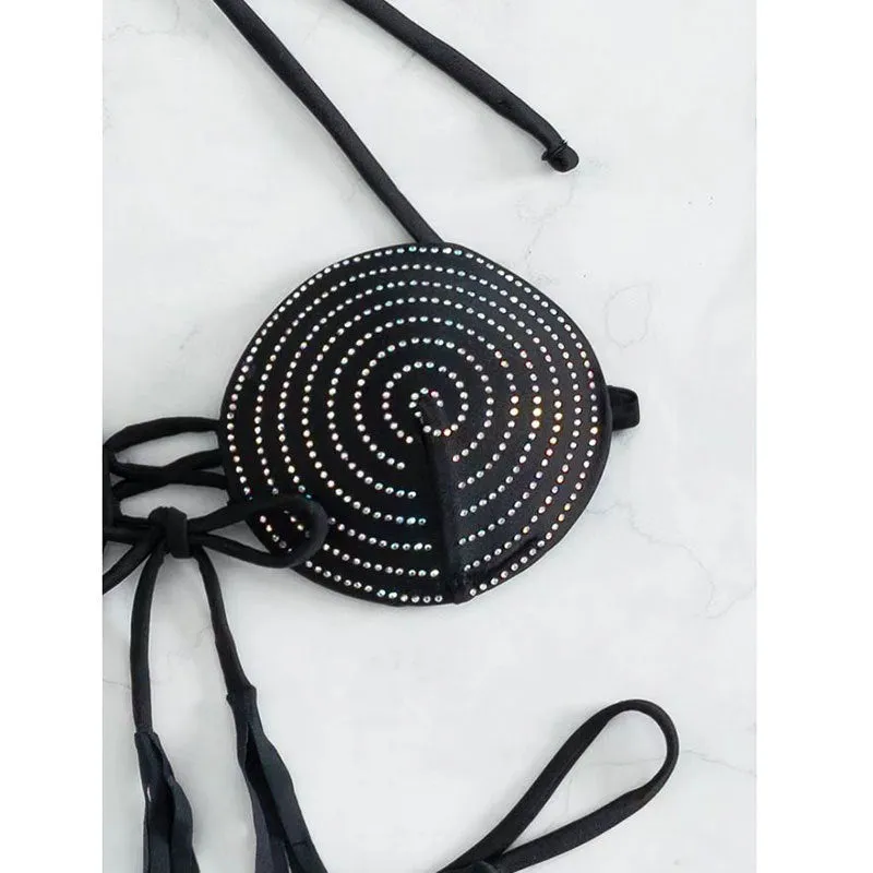 Black bandage bikini set with backless top and high-waist brief with hot drilling detail
