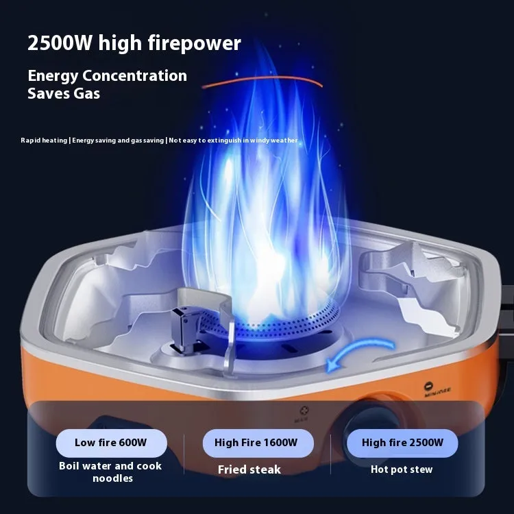 Orange portable double-headed butane camping gas stove folded and open on grass