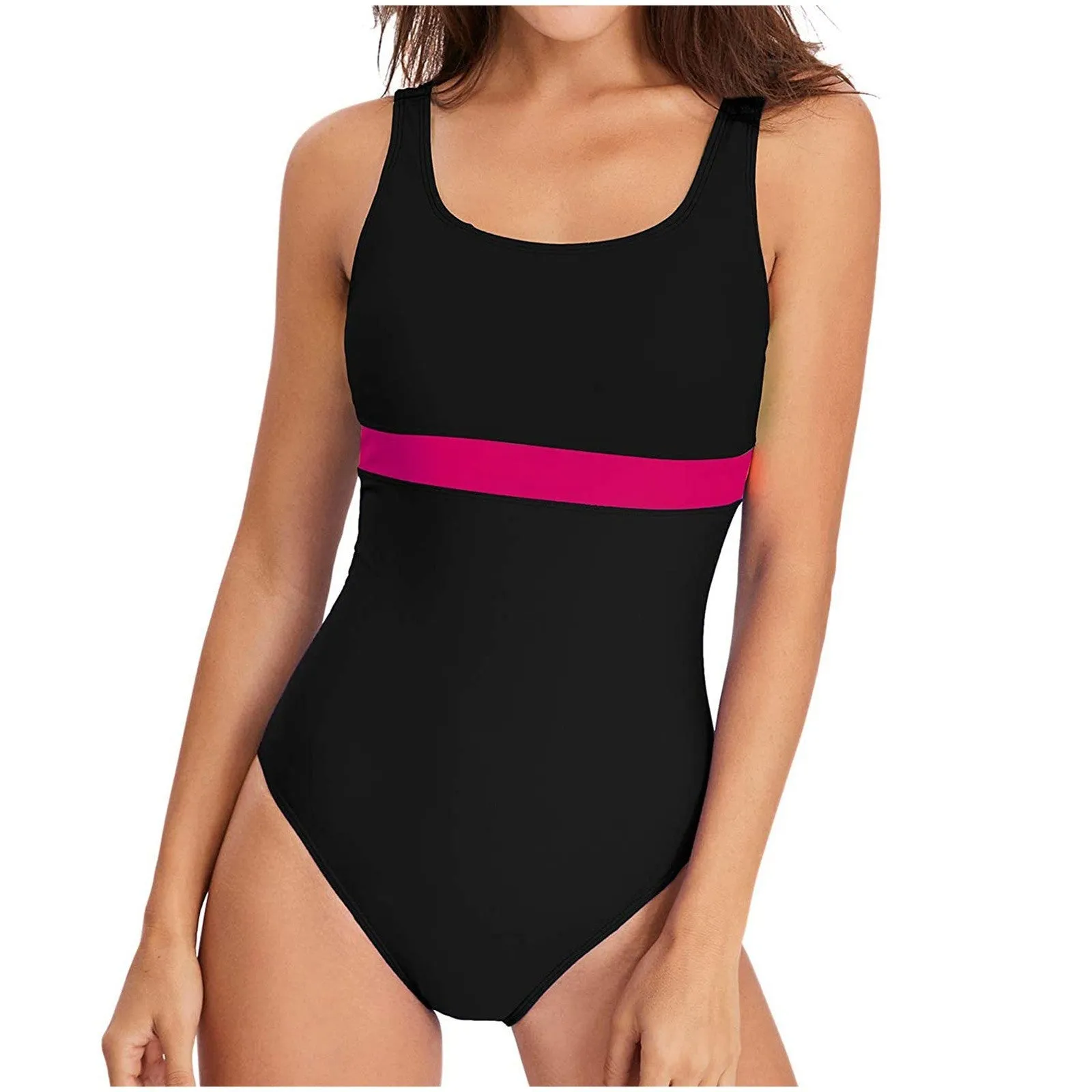 Women's one-piece swimsuit with stitching contrast in blue green, showing full front view on a model