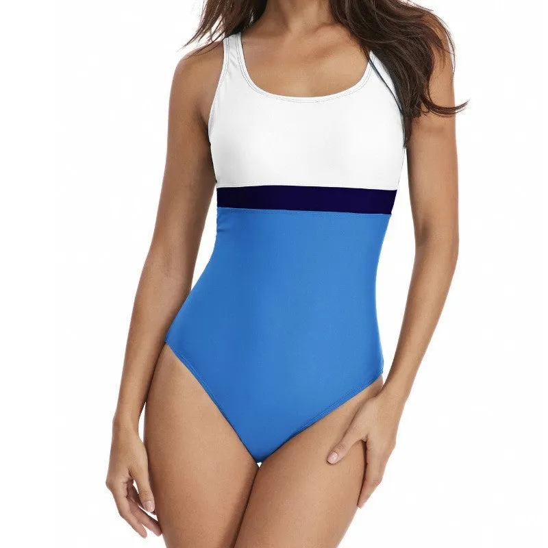 Women's one-piece swimsuit with stitching contrast in blue green, showing full front view on a model