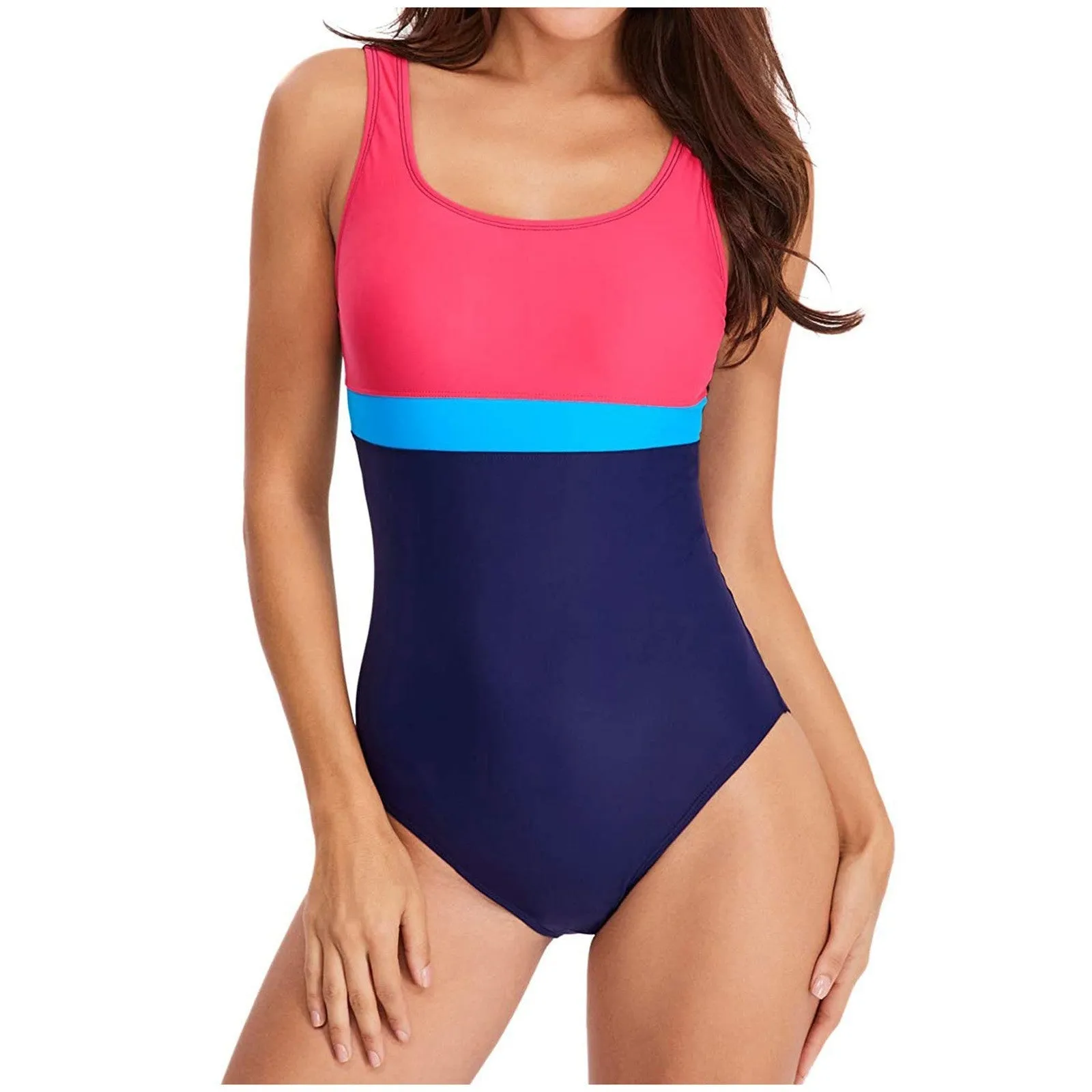 Women's one-piece swimsuit with stitching contrast in blue green, showing full front view on a model