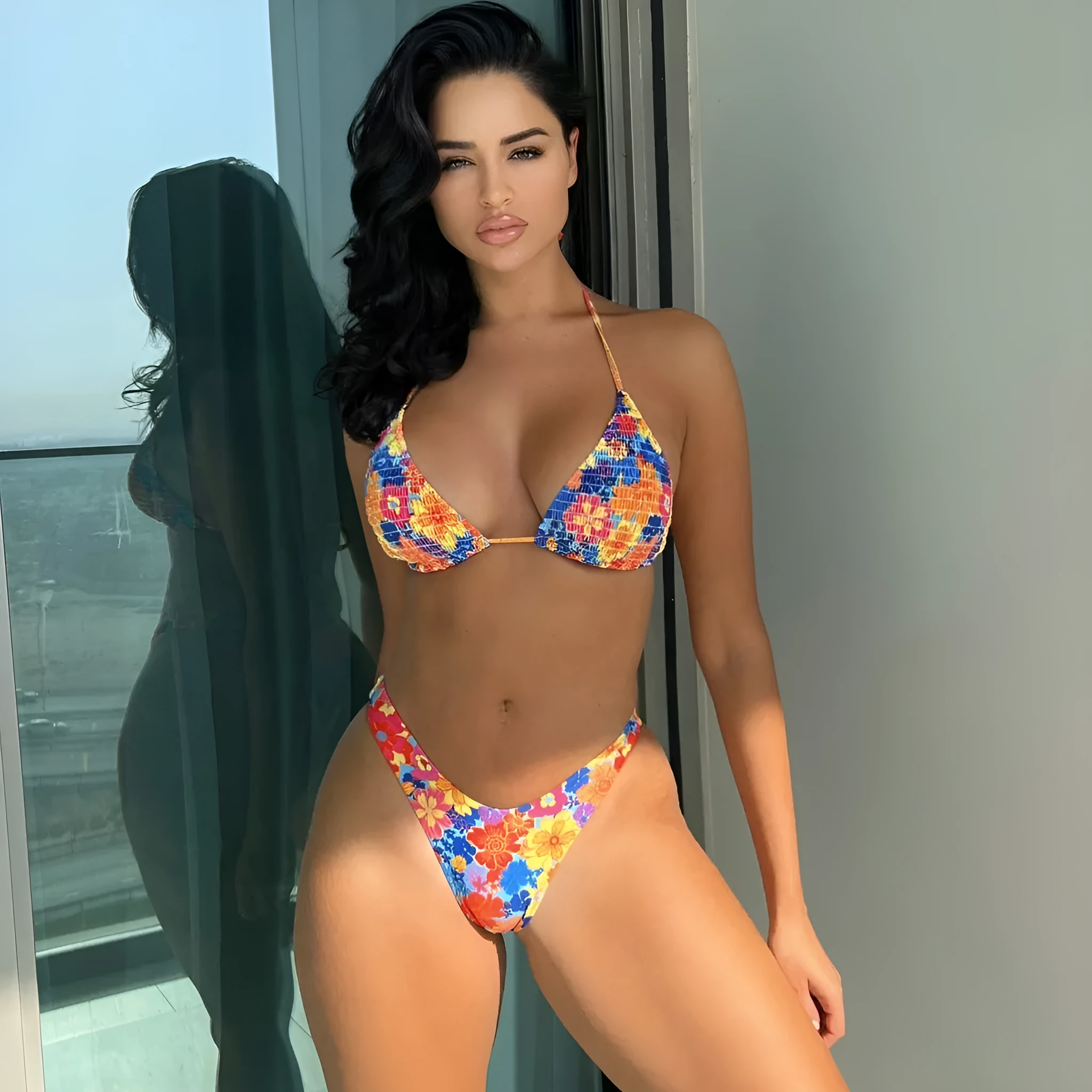 Women's creative split printed lace-up bikini swimsuit in polyester - front view