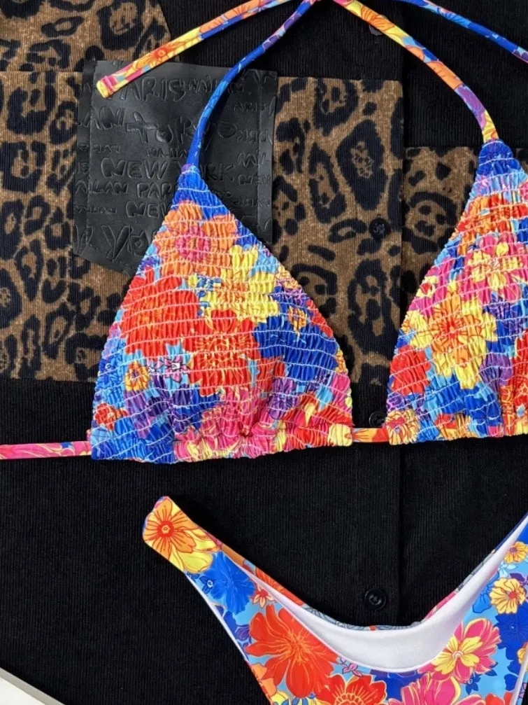 Women's creative split printed lace-up bikini swimsuit in polyester - front view