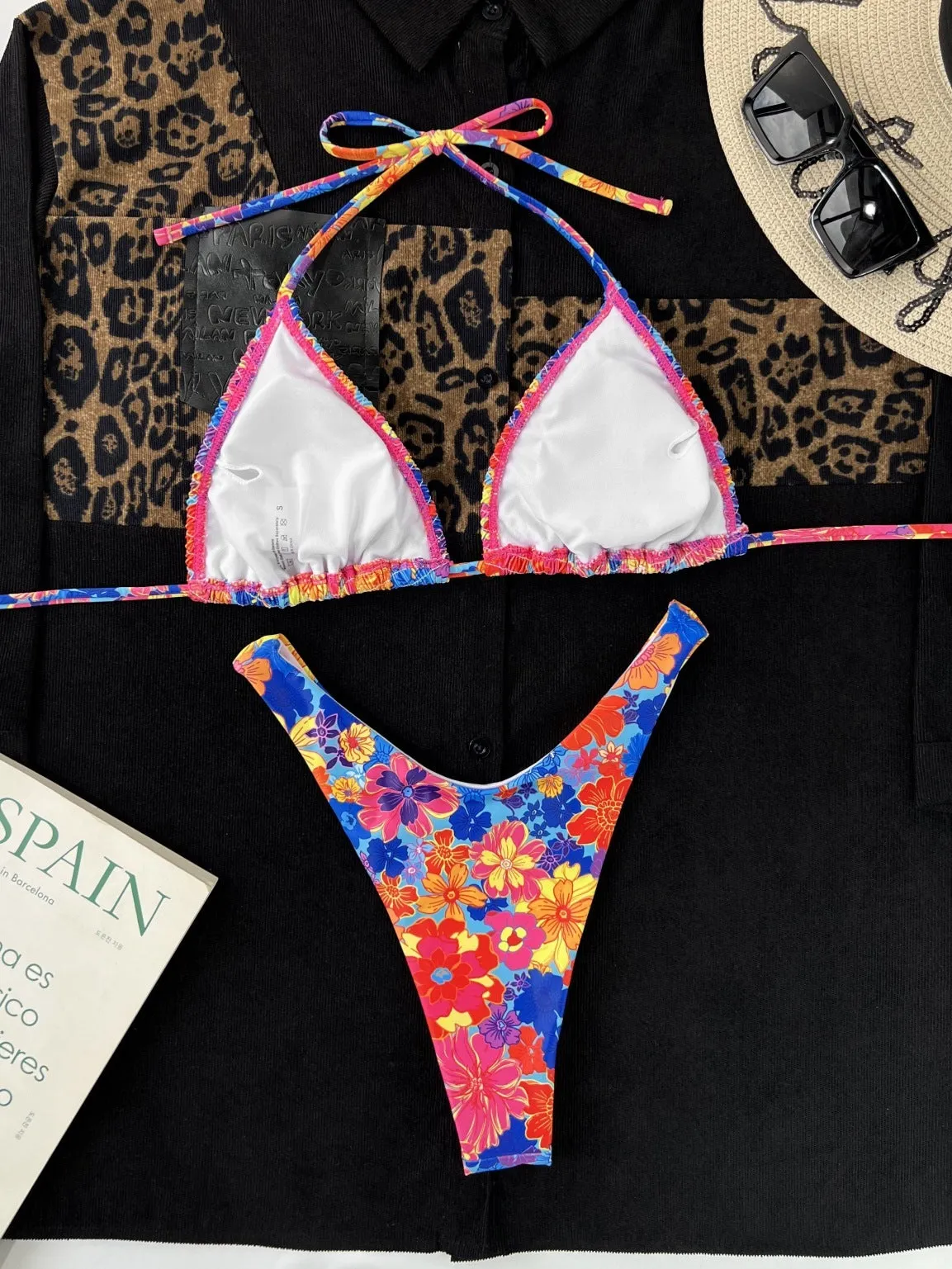 Women's creative split printed lace-up bikini swimsuit in polyester - front view