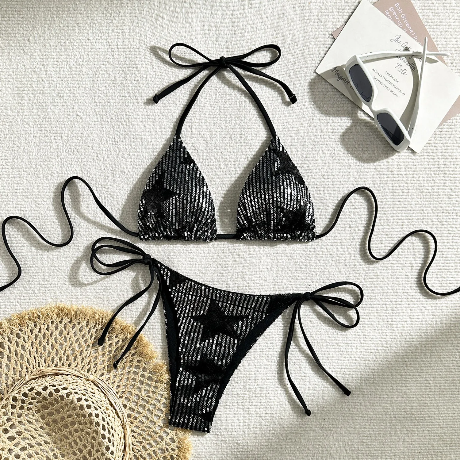 European American sexy star sequins split swimsuit in black backless brief style
