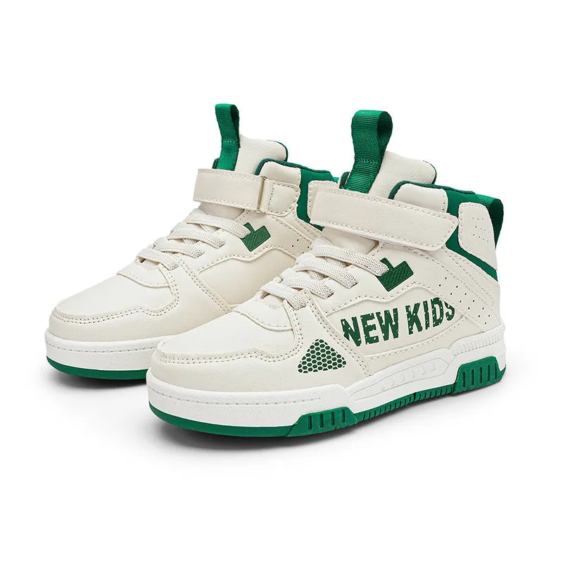 Children's buckle fastening street sneakers in beige green, available in sizes 28-39