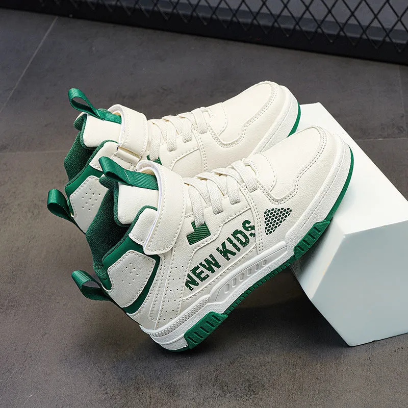 Children's buckle fastening street sneakers in beige green, available in sizes 28-39
