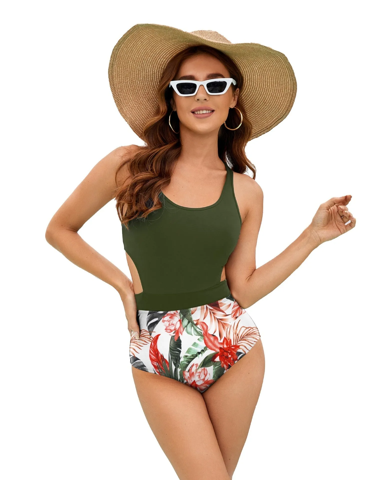Women's simple casual printing one piece swimsuit with striped pattern in white and green, side view