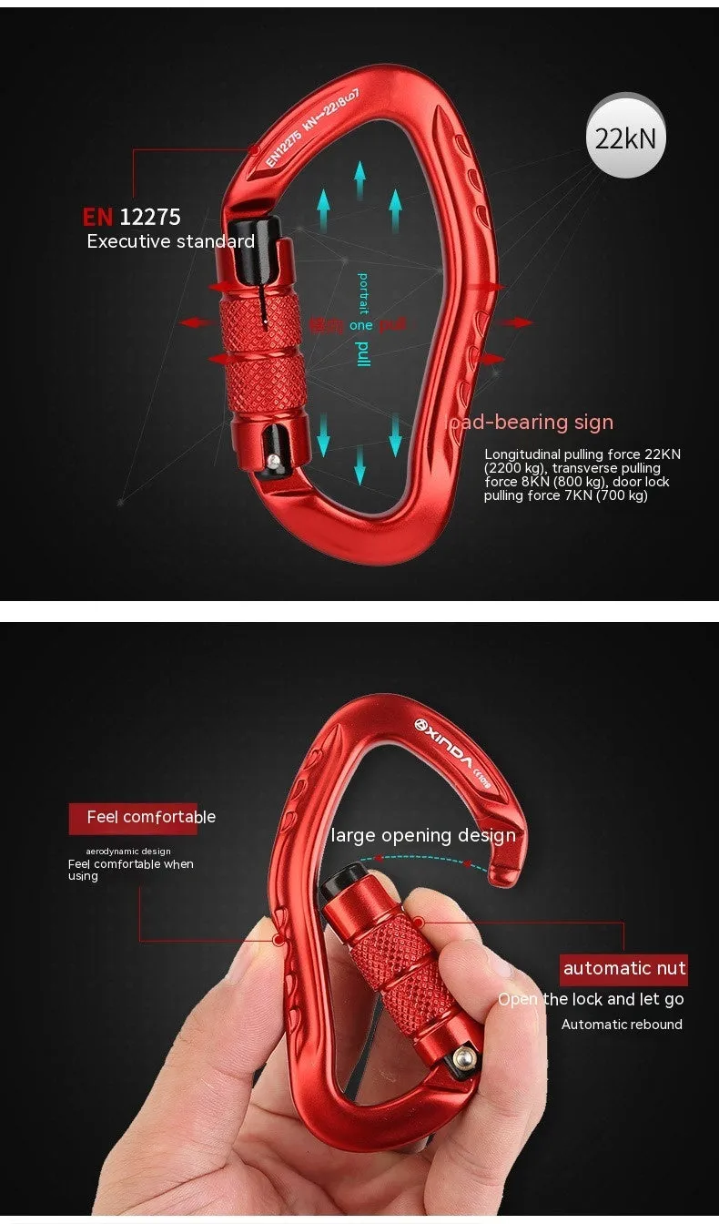 Climbing carabiner with automatic master lock in black, blue, orange, red, and silver colour options.