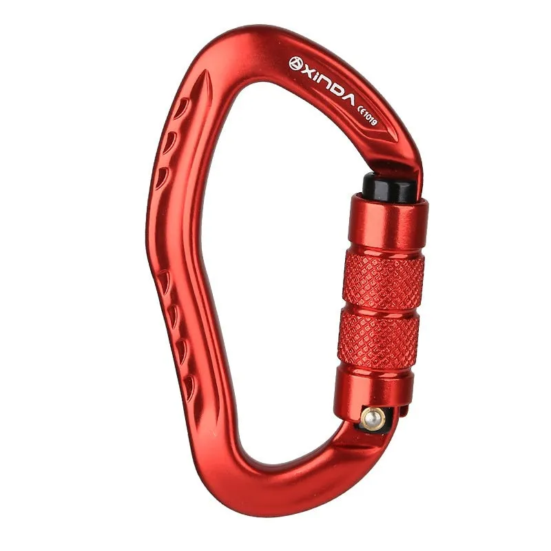 Climbing carabiner with automatic master lock in black, blue, orange, red, and silver colour options.