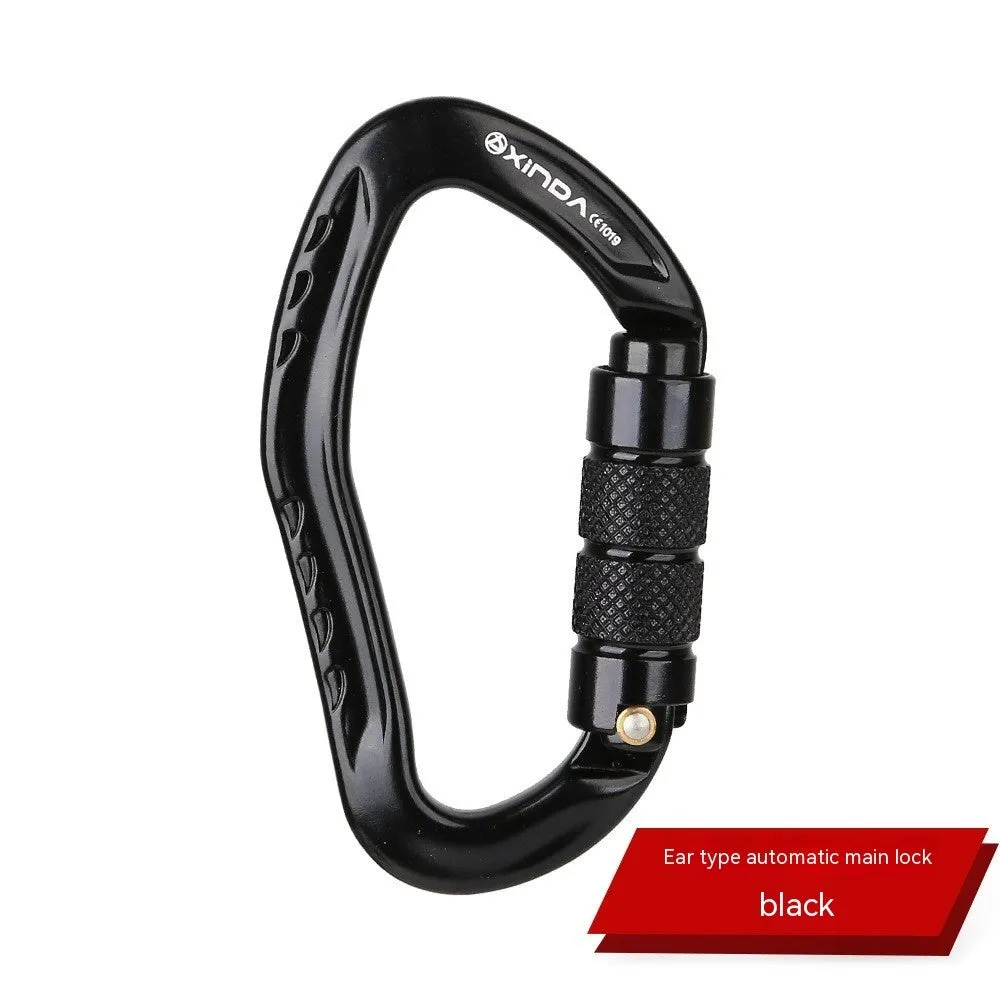Climbing carabiner with automatic master lock in black, blue, orange, red, and silver colour options.