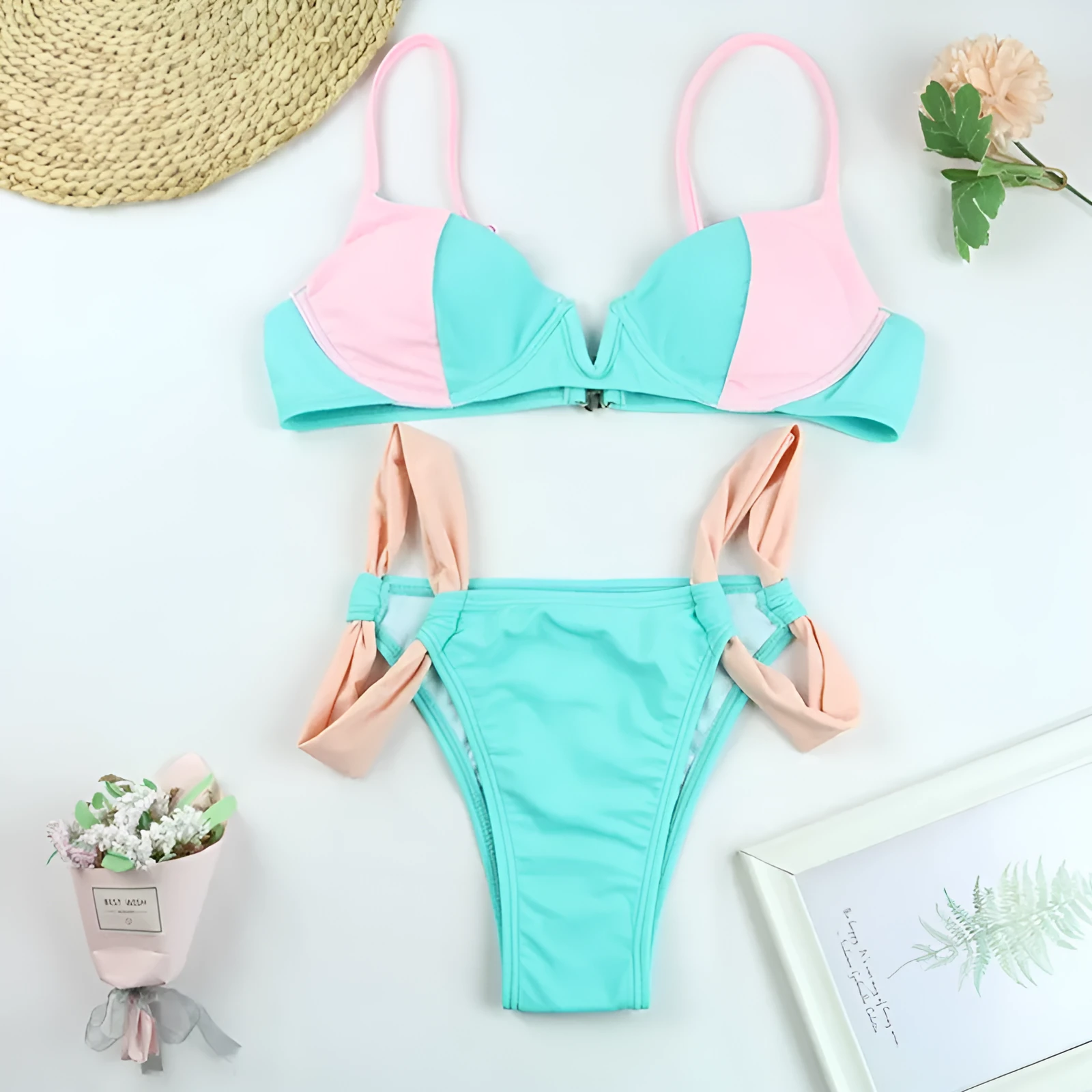 Blue v-neck halter bikini with high-waist backless briefs and stitching ribbon detail