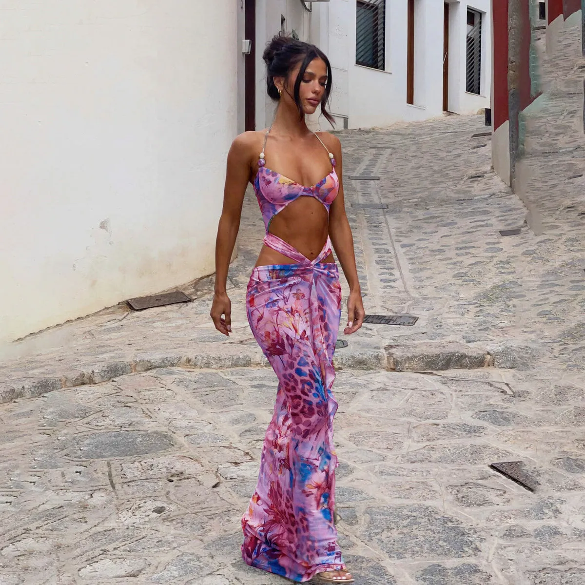 Nylon women's bikini set printed split three-piece swimsuit in blue orange purple size S M L adult female