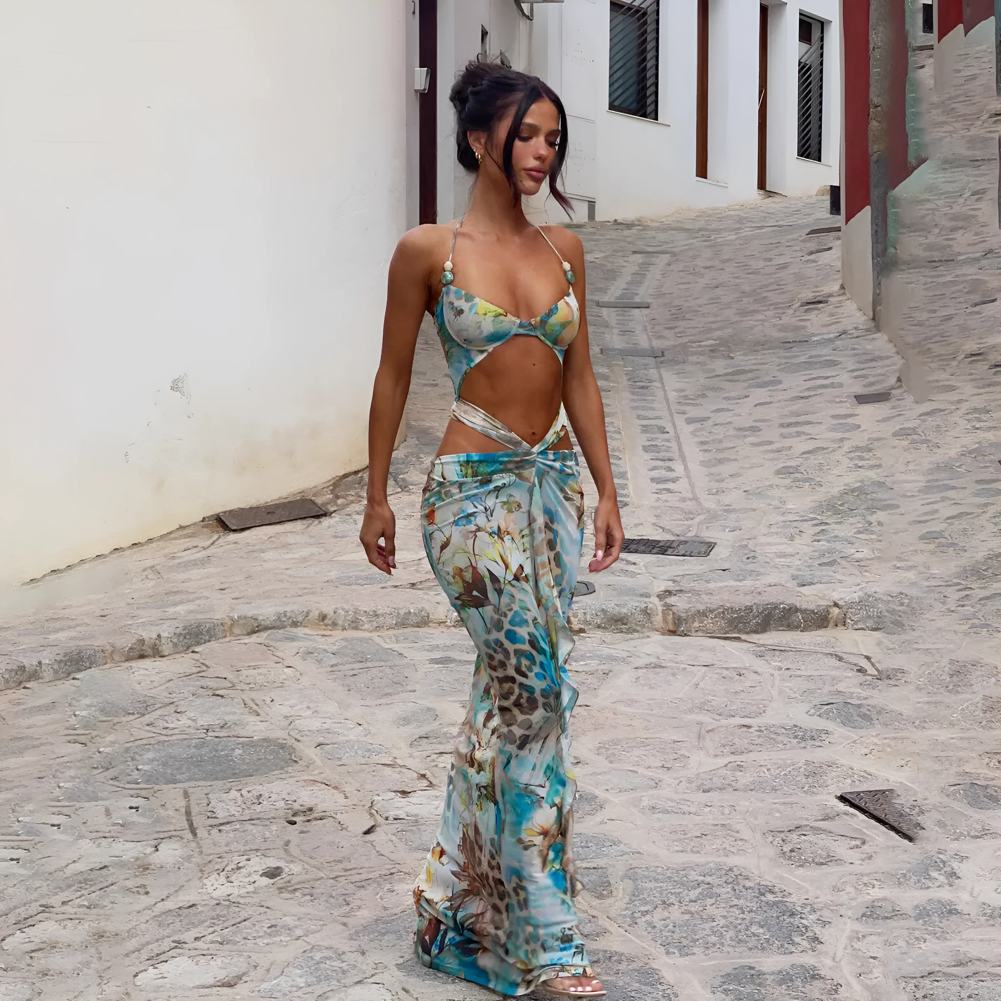 Nylon women's bikini set printed split three-piece swimsuit in blue orange purple size S M L adult female