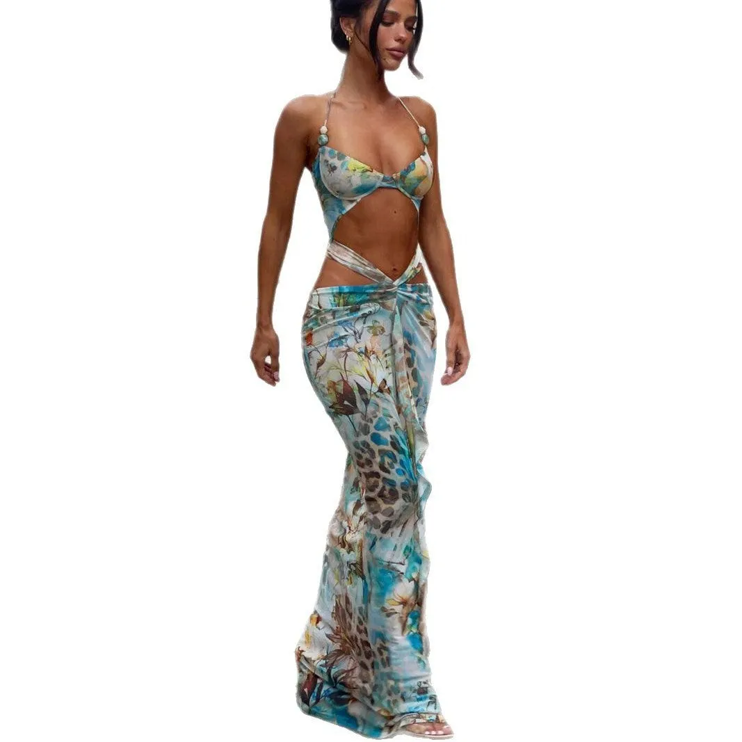 Nylon women's bikini set printed split three-piece swimsuit in blue orange purple size S M L adult female
